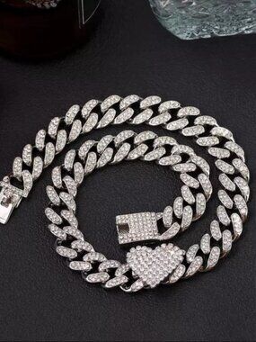 Silver Heart Bling Cuban Link Necklace